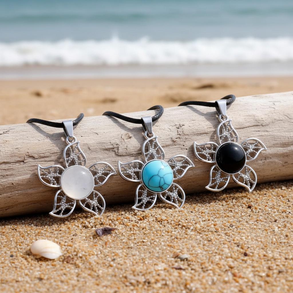 Set of 4 Natural Stone Five-Petal Flower Pendants